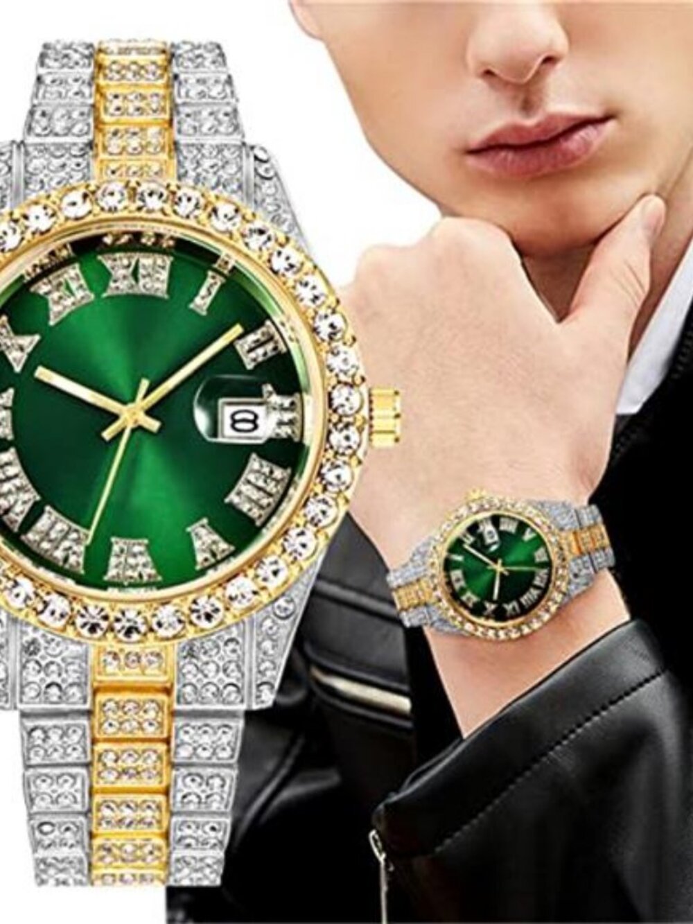 3 Pack Luxury Men Hip Hop Watch with Roman Scale Calendar Diamond Wrist - Picture 2 of 7
